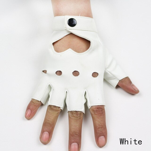 Punk rock white semi-finger gloves, featuring hollow heart cutouts and a button, perfect for alternative fashion lovers.