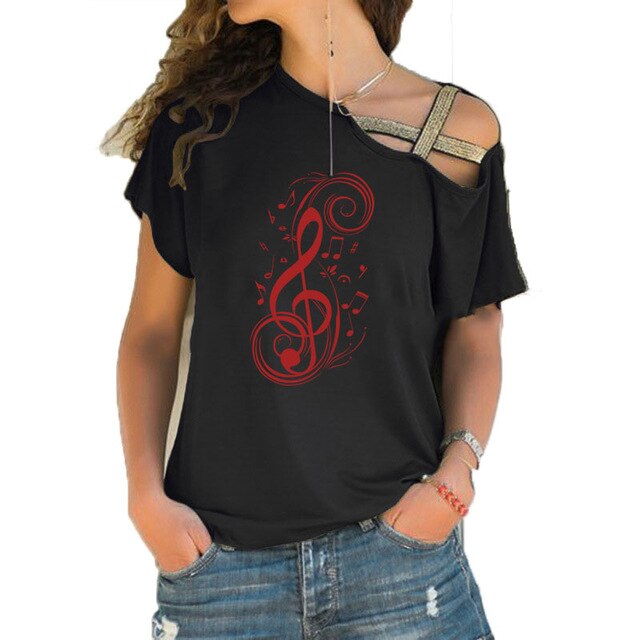 Women wearing a black musical note graphic T-shirt with treble clef design and stylish cross bandage straps.
