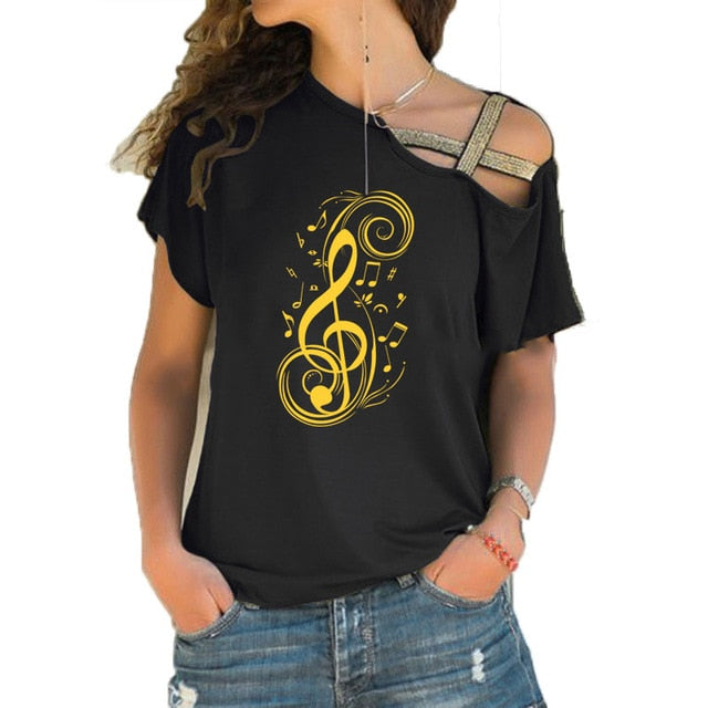 Black women's T-shirt with a golden musical note print and hollow out shoulder detail, perfect for music lovers.