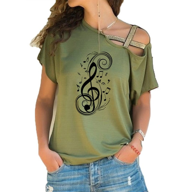 Women wearing an olive green musical note graphic T-shirt with a treble clef print and stylish shoulder cutouts.
