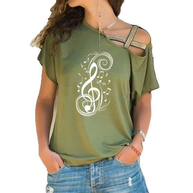 Women's olive green T-shirt featuring a stylish treble clef and musical notes print, perfect for music lovers.