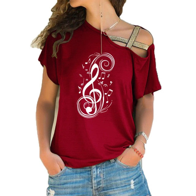 Womens red musical note graphic tee with treble clef print and hollow out shoulder design.