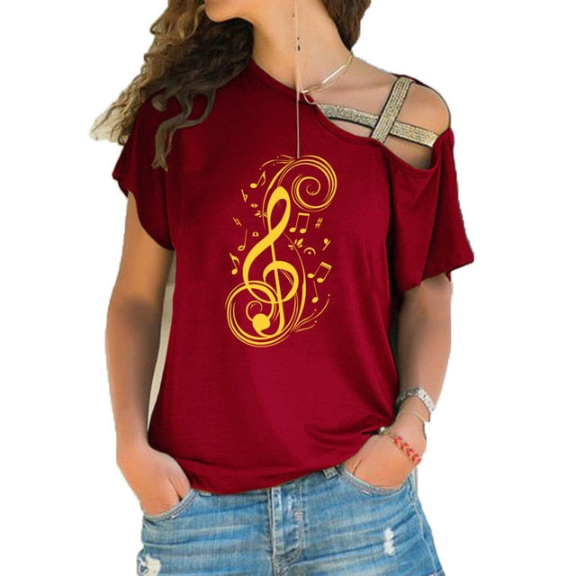 Stylish maroon musical note T-shirt for women with a treble clef print and hollow shoulder design.