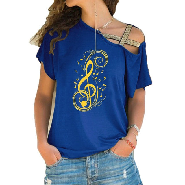 Blue musical note graphic T-shirt with treble clef design for women, featuring stylish off-shoulder detail.