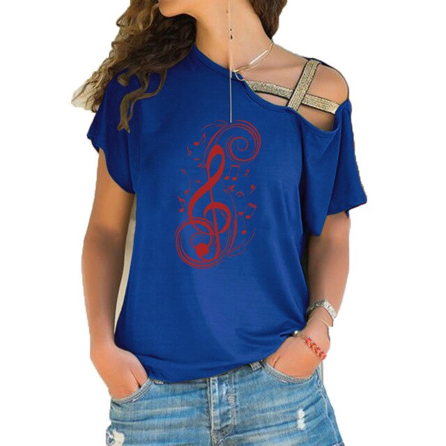 Blue musical note T-shirt for women with treble clef design and stylish shoulder cut, perfect for music lovers.