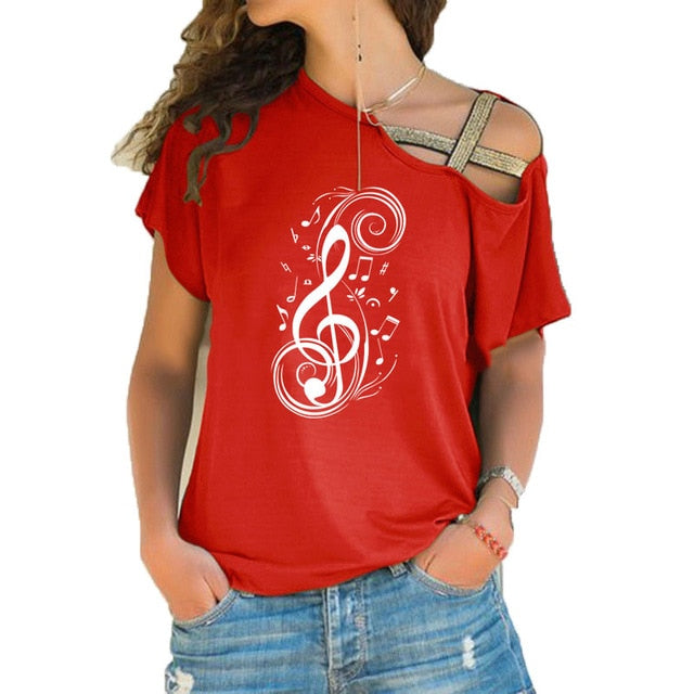 Red musical note graphic T-shirt for women with a stylish hollow shoulder design and vibrant treble clef print.