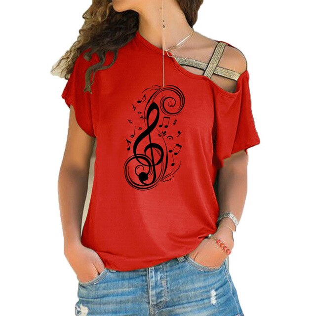 Red women's T-shirt featuring a treble clef and musical notes, perfect for music lovers and stylish casual wear.