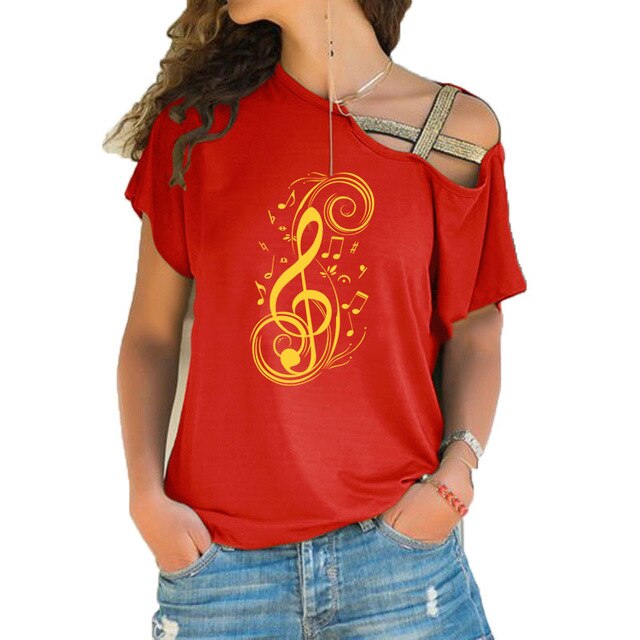 Red musical note graphic T-shirt with off-shoulder design, perfect for music lovers and stylish fashion statements.