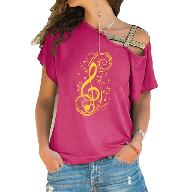 Stylish women's pink T-shirt featuring a treble clef and music notes design, perfect for music lovers.