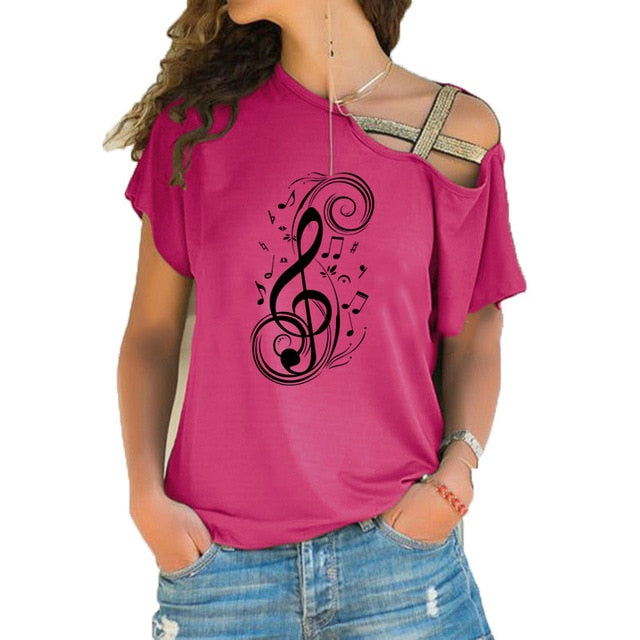 Pink musical note graphic T-shirt for women with treble clef print, stylish hollow out shoulder design.