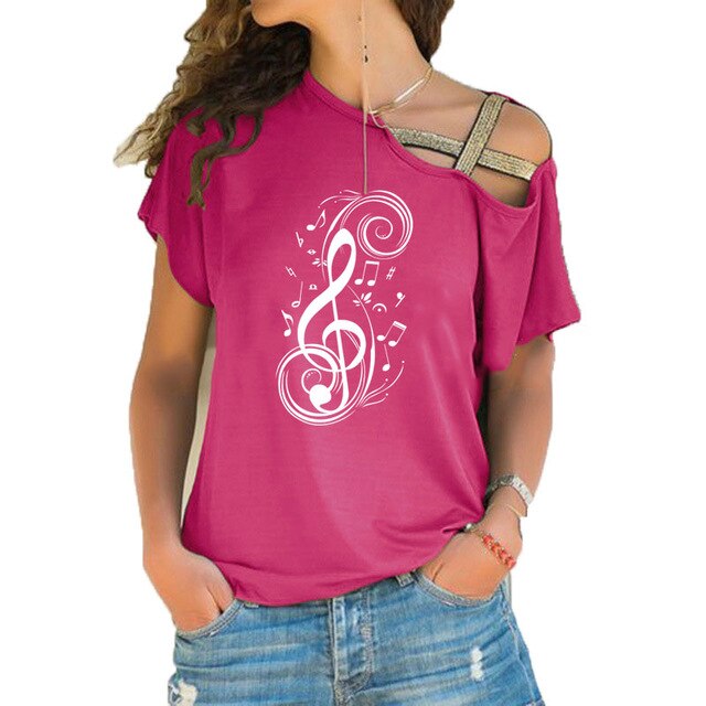Pink musical note graphic T-shirt for women with treble clef design and stylish hollow out shoulder.
