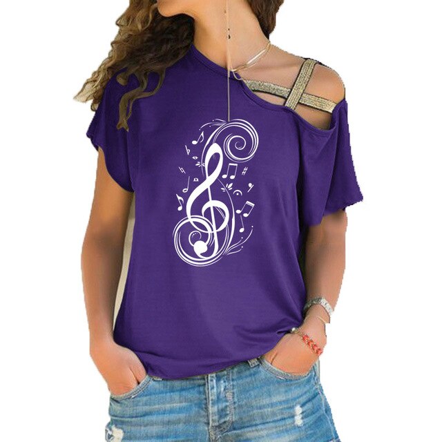 Purple Musical Note T-shirt with Treble Clef Design and Hollow Shoulder, Ideal for Music Lovers and Fashionistas.