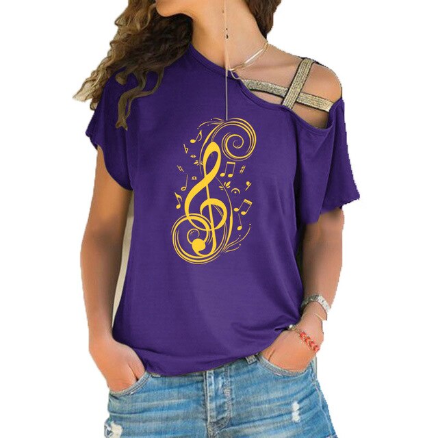 Women in a purple musical note graphic tee with treble clef design, perfect for music lovers and casual fashion.