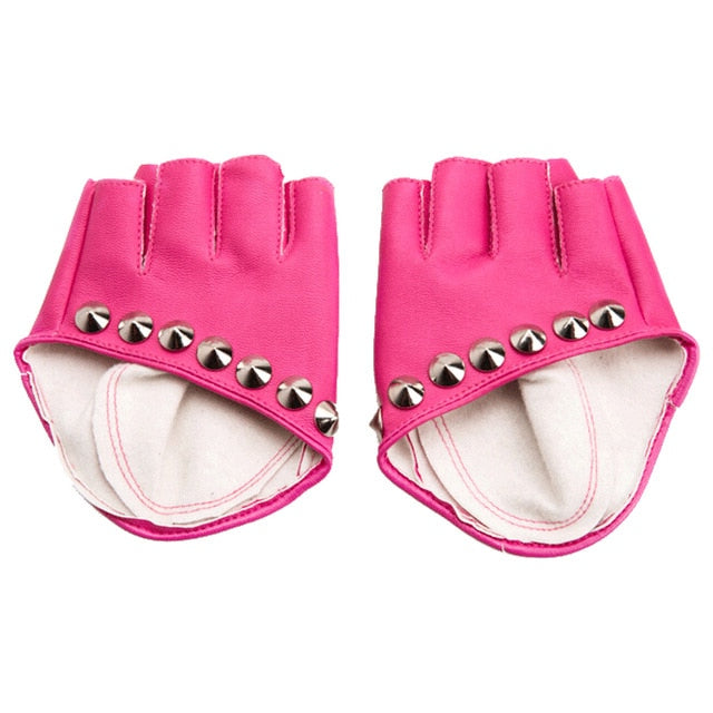 Pink fingerless gloves with silver rivets for alternative punk rock fashion.