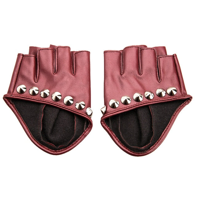 Burgundy fingerless gloves with silver rivets for punk rock style and alternative fashion.