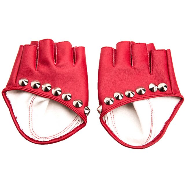 Red fingerless gloves with shiny rivets, perfect for alternative fashion and punk rock vibes.