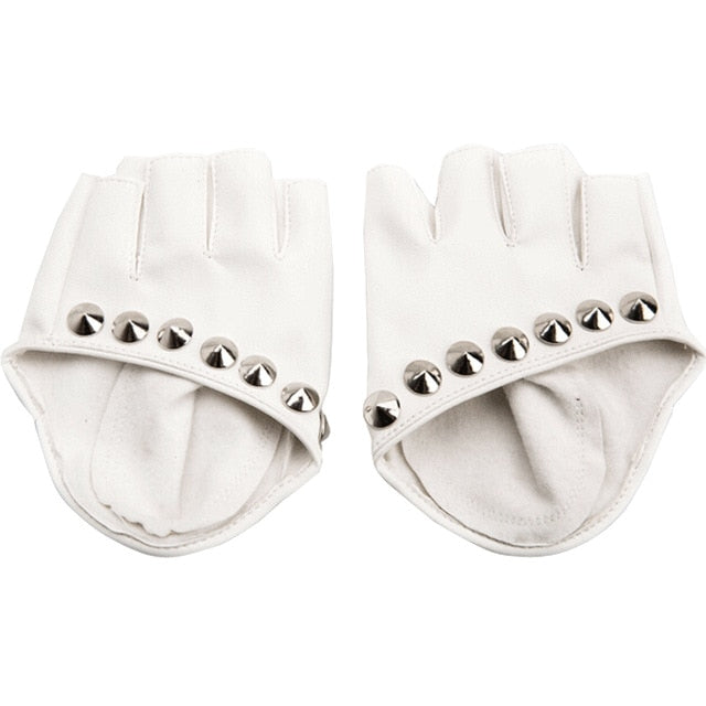 White fingerless gloves with round rivets for punk rock and alternative fashion, perfect for trendy outfits.