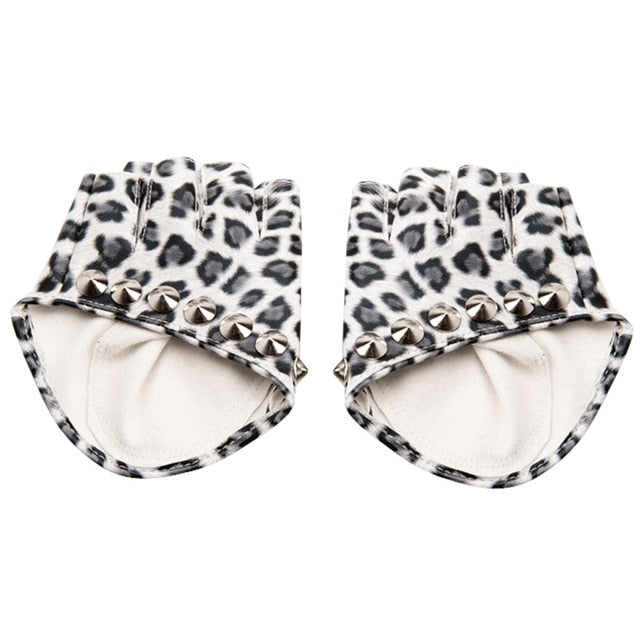 Trendy fingerless gloves with leopard print and silver rivets, perfect for punk rock or alternative fashion style.