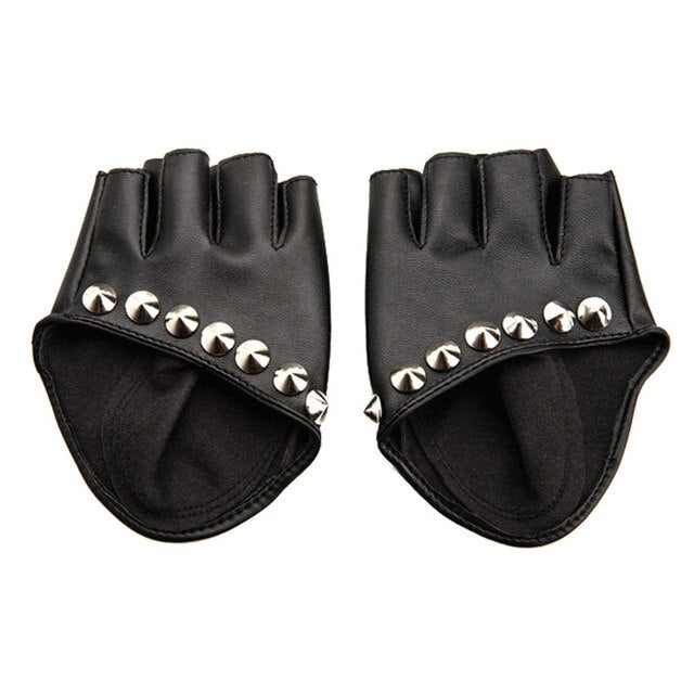 Stylish black fingerless gloves with silver rivets, perfect for punk rock fans and alternative fashion lovers.