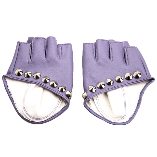Purple fingerless gloves with rivet details, perfect for alternative fashion lovers and edgy punk rock styles.