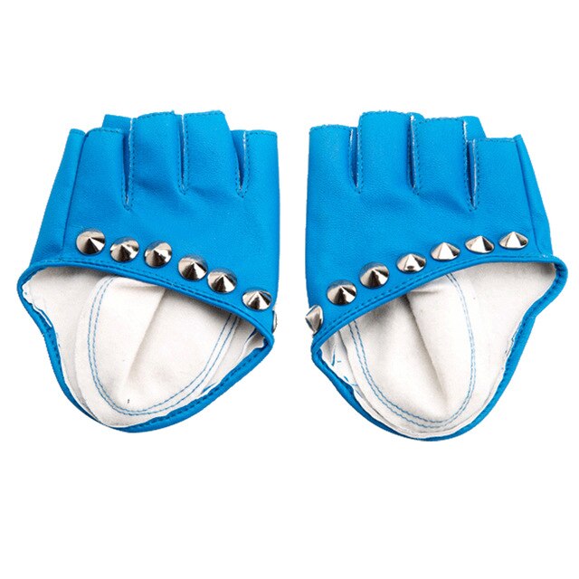 Bright blue fingerless gloves with silver rivets, perfect for punk rock and alternative fashion looks.