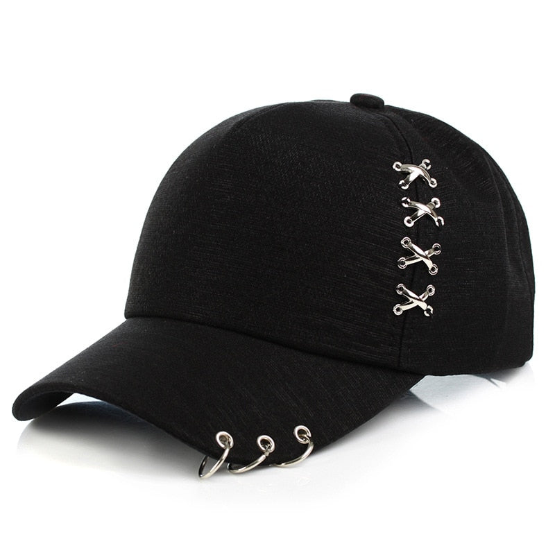 Unisex black rave hoop baseball cap with unique ring design, perfect for alternative outfits and rock n roll style.