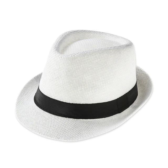 Stylish vintage jazz cap in white with black ribbon, perfect for summer and stage performances.