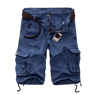 Stylish blue military shorts for men, featuring a loose fit and multiple pockets for urban punk clothing looks.