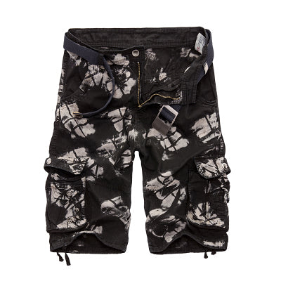 Men's rock-style military shorts in black with white tie-dye pattern and multiple pockets, perfect for urban and concert outfits.