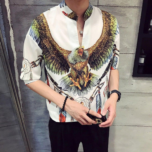 Men's casual slim short sleeve shirt featuring a colorful eagle print and dreamcatcher elements.