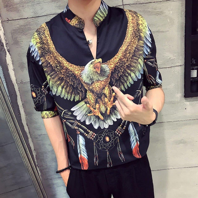 Men's casual short sleeve black shirt featuring a colorful eagle print and dreamcatcher design for alternative fashion.