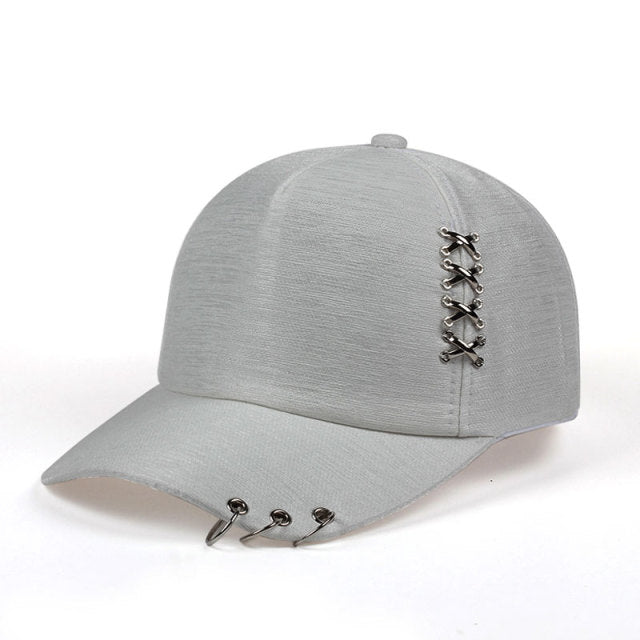 Unisex gray baseball cap with unique ring design, perfect for rave outfits and alternative clothing.