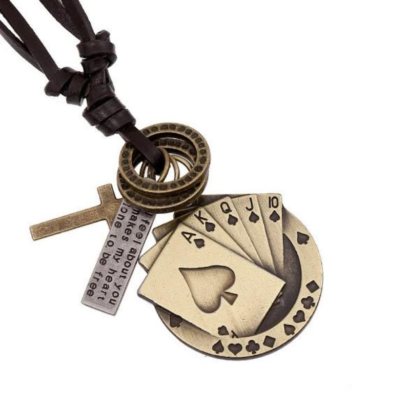 Vintage leather necklace featuring a metal poker card cross pendant with intricate details for rock style jewelry.