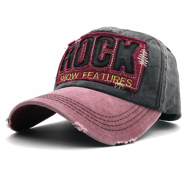 Rock and Metal Fashion Cotton Baseball Cap featuring trendy ROCK embroidery and adjustable strap, perfect for unisex wear.