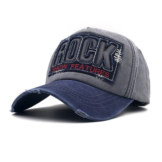 Rock and metal fashion cotton baseball cap with adjustable strap, featuring stylish ROCK embroidery.