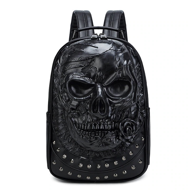 Unisex PU leather skull laptop backpack with studs, ideal for gothic rock outfits, stylish and spacious for everyday use.