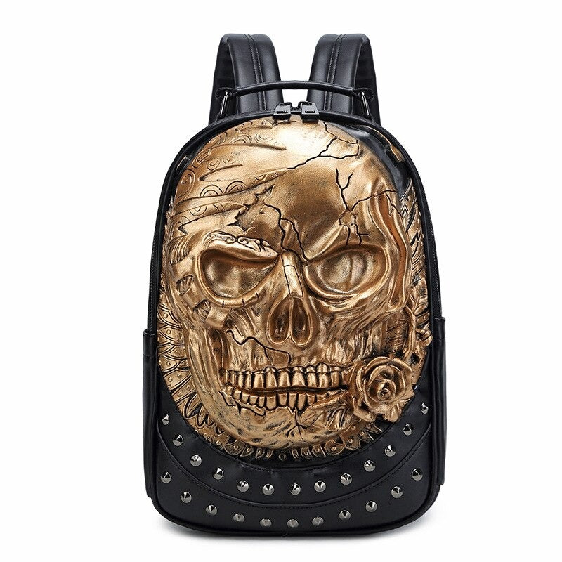 Luxury PU leather skull backpack with studs, perfect for rock style and large capacity for laptops.
