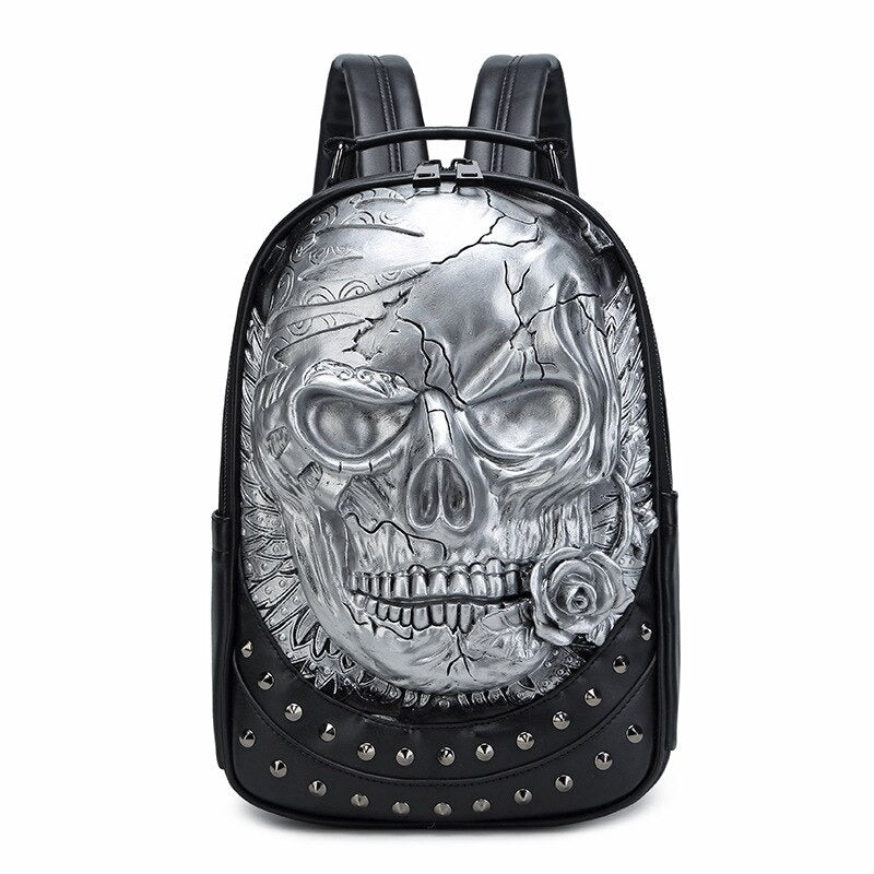 Stylish unisex PU leather backpack with a skull design, studs, and gothic flair, perfect for rock-inspired outfits.