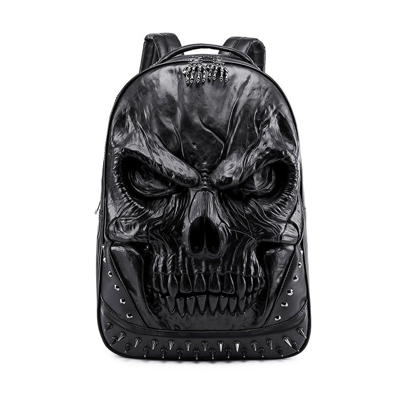 Gothic PU leather backpack with skull design, zippers, and studs for men and women, perfect for edgy rock outfits.