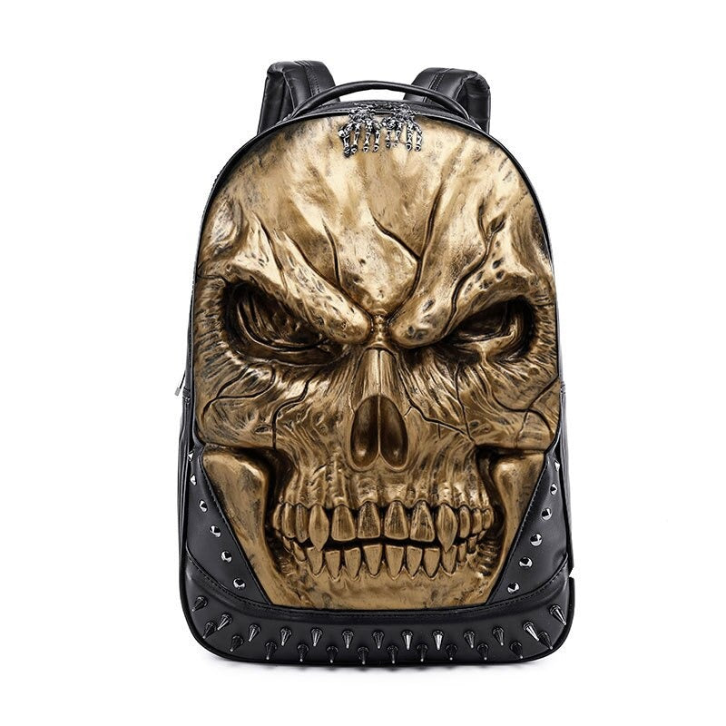 PU leather skull laptop backpack, unisex design, gothic style with zippers and studs, perfect for rock outfits.