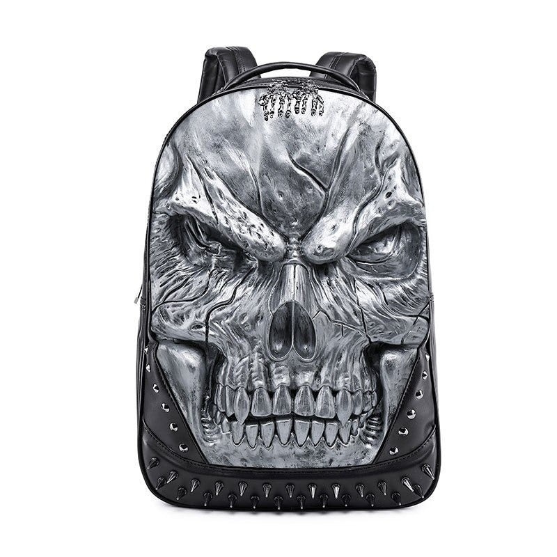 Unisex PU leather skull backpack with gothic design, studs, and large capacity for laptops, perfect for rock fashion.