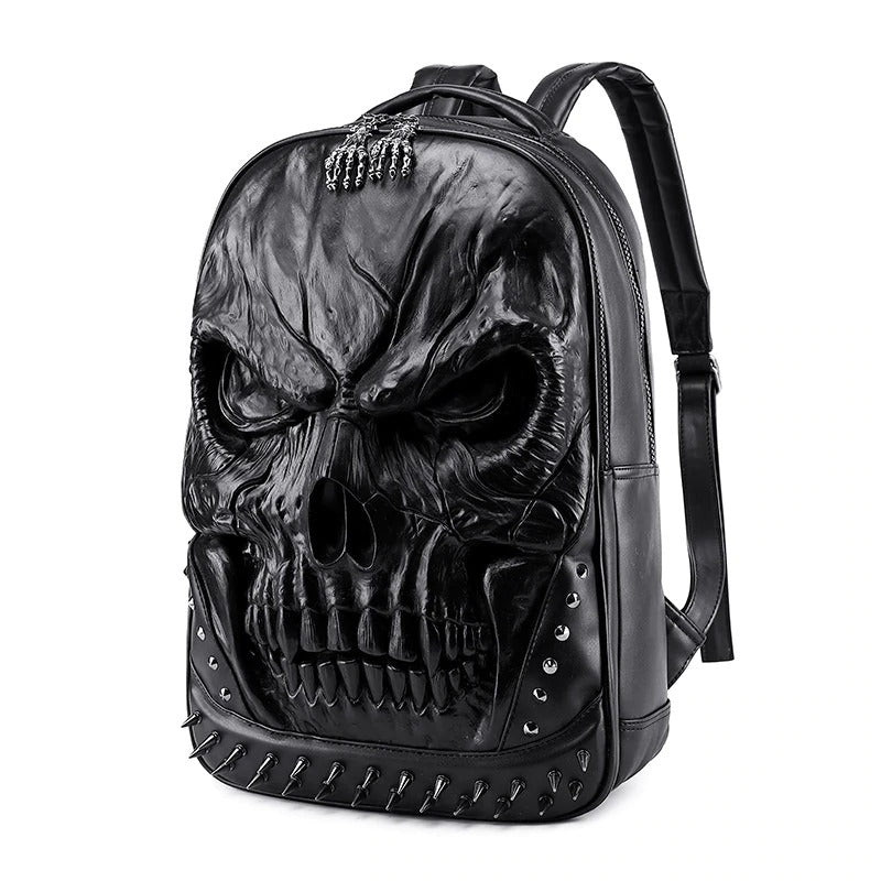 Unisex PU leather skull laptop backpack with studs, gothic design, perfect for rock fashion and large capacity.