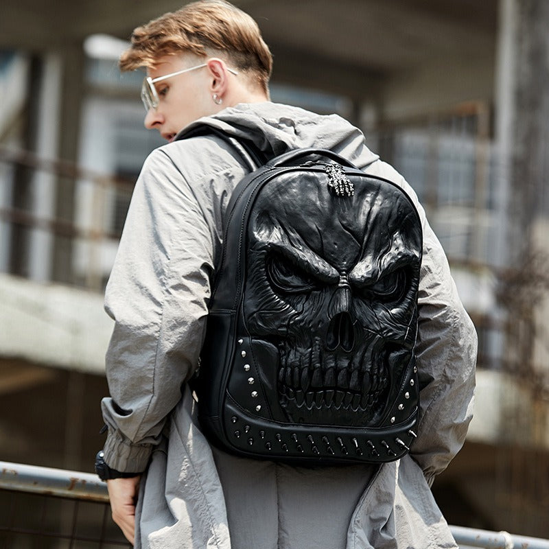 Unisex PU leather skull backpack with studs, perfect for gothic style outfits and large capacity for laptops.