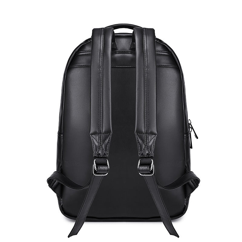Stylish black PU leather backpack with adjustable straps, perfect for unisex use, ideal for carrying laptops and essentials.