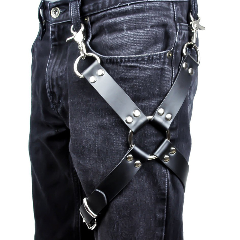 Stylish PU leather belt harness, featuring metal details, perfect for unisex rock and alternative outfits.