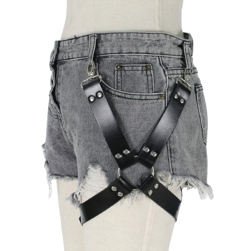 PU leather belt harness showcased on denim shorts, adding an edgy touch to rock and alternative fashion styles.