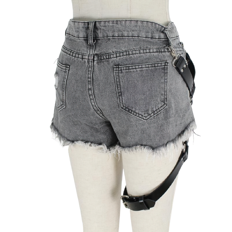 Stylish PU leather belt harness paired with gray denim shorts for a trendy unisex fashion look.