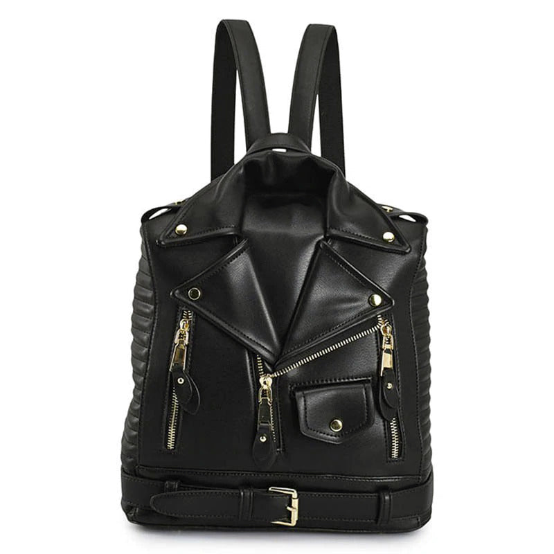 Black PU leather backpack styled like a vest with zippers, perfect for rock and goth fashion enthusiasts.
