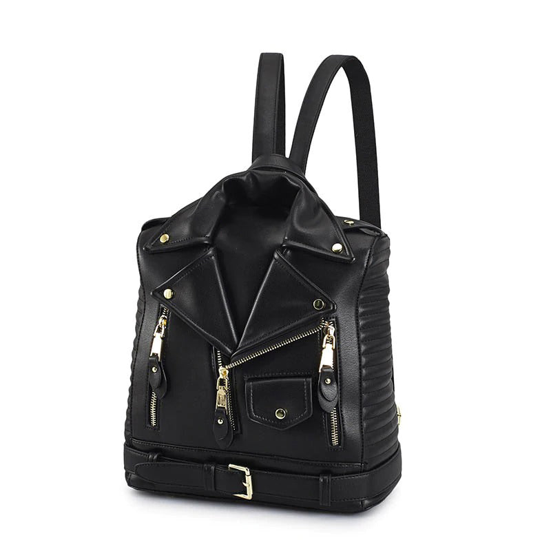 Stylish black faux leather vest backpack with zippers, perfect for rock and goth fashion lovers.