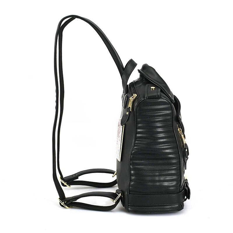 Side view of a black faux leather backpack with zipper pockets, perfect for rock and goth styles.